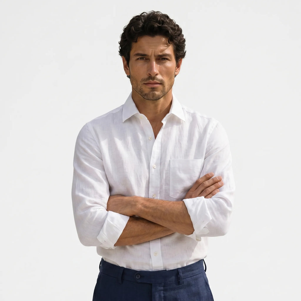 Chemise en lin blanc non transparent pour homme coupe ajustée — La Mykonos Rivenza