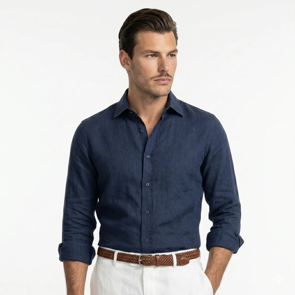 Chemise en lin bleu marine lourd et premium pour homme coupe ajustée — La Mykonos Rivenza