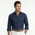 Chemise en lin bleu marine lourd et premium pour homme coupe ajustée — La Mykonos Rivenza