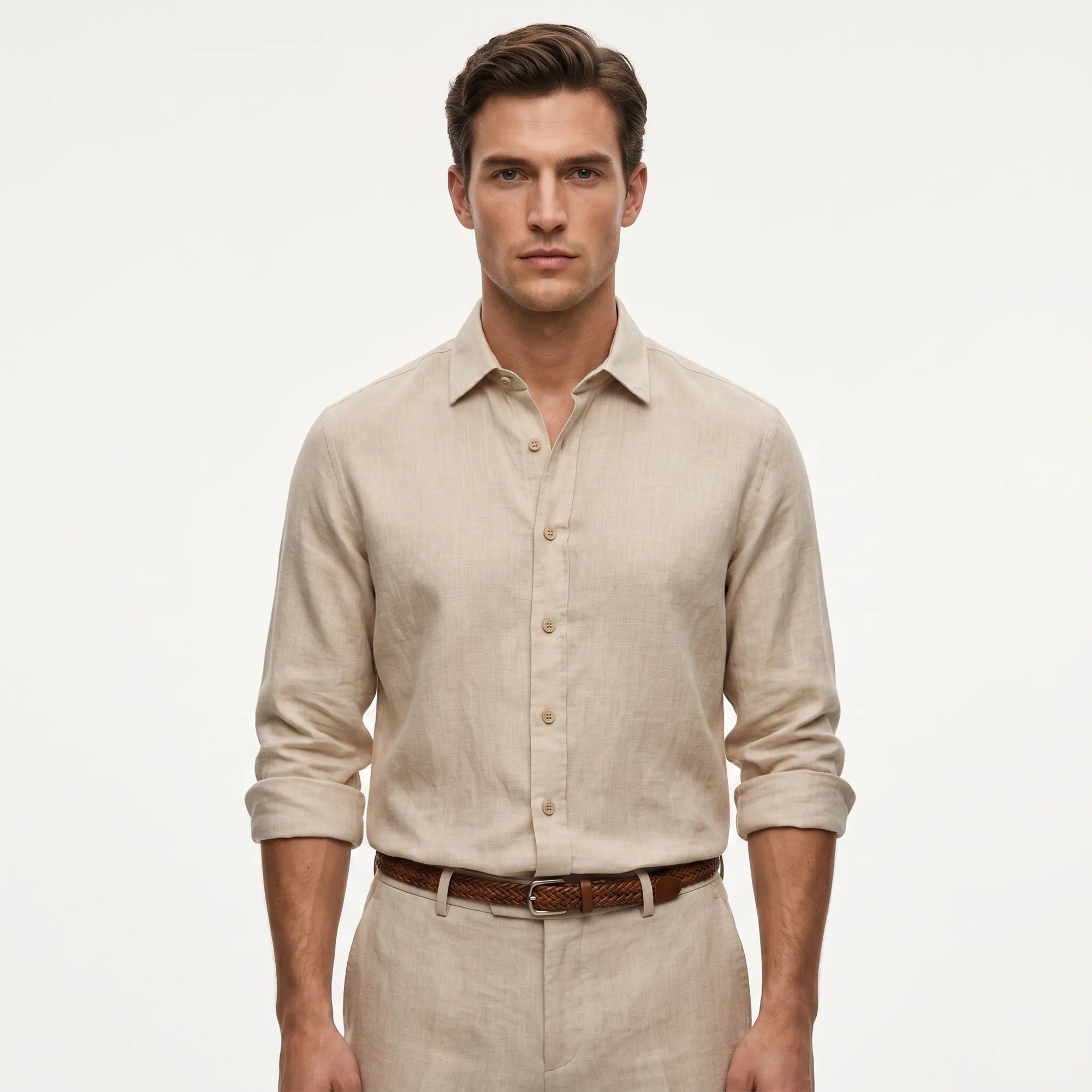 Homme élégant portant une chemise en lin lourd couleur sable — Rivenza