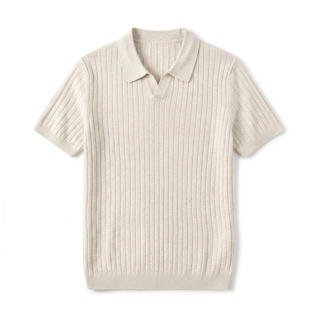 Polo beige col ouvert maille jacquard haut de gamme — Rivenza