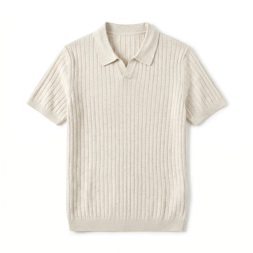 Polo beige col ouvert maille jacquard haut de gamme — Rivenza