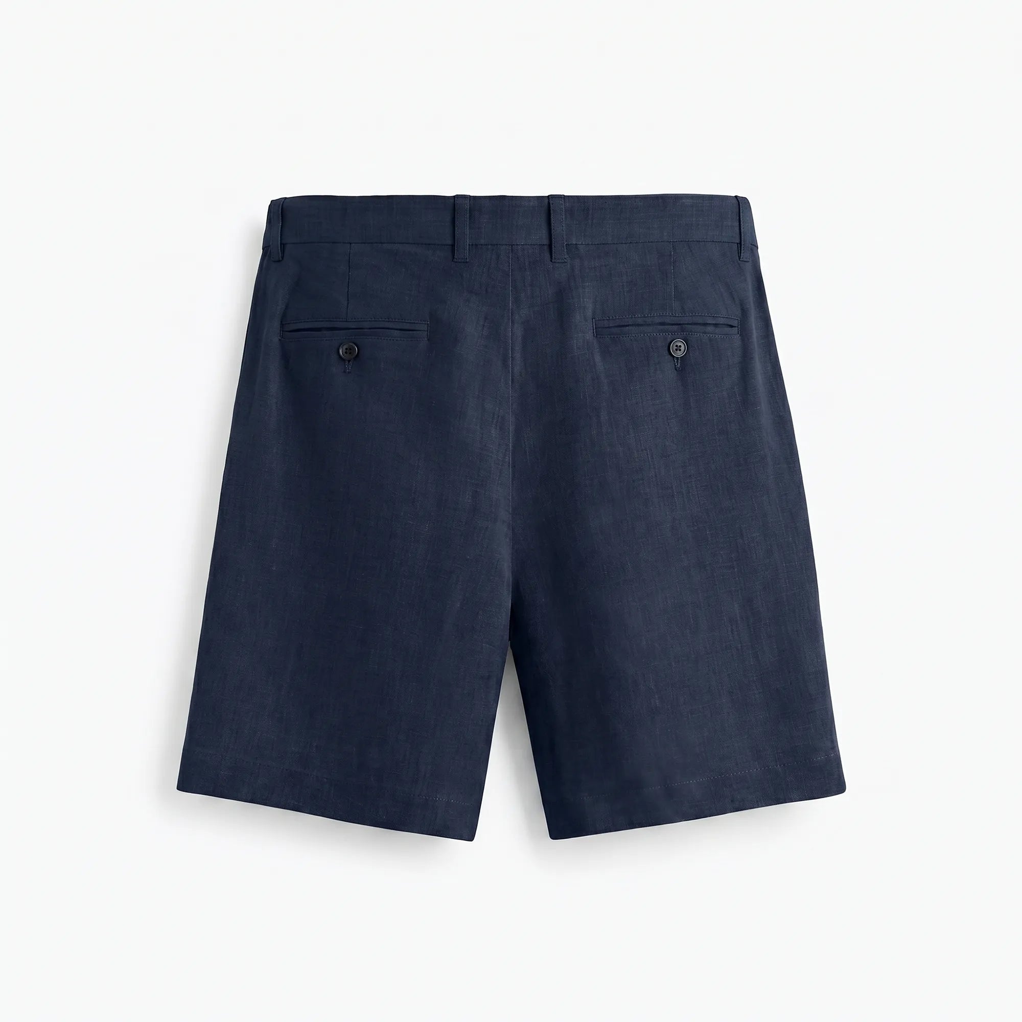 Dos du short en lin opaque bleu marine avec poches passepoilées — Rivenza